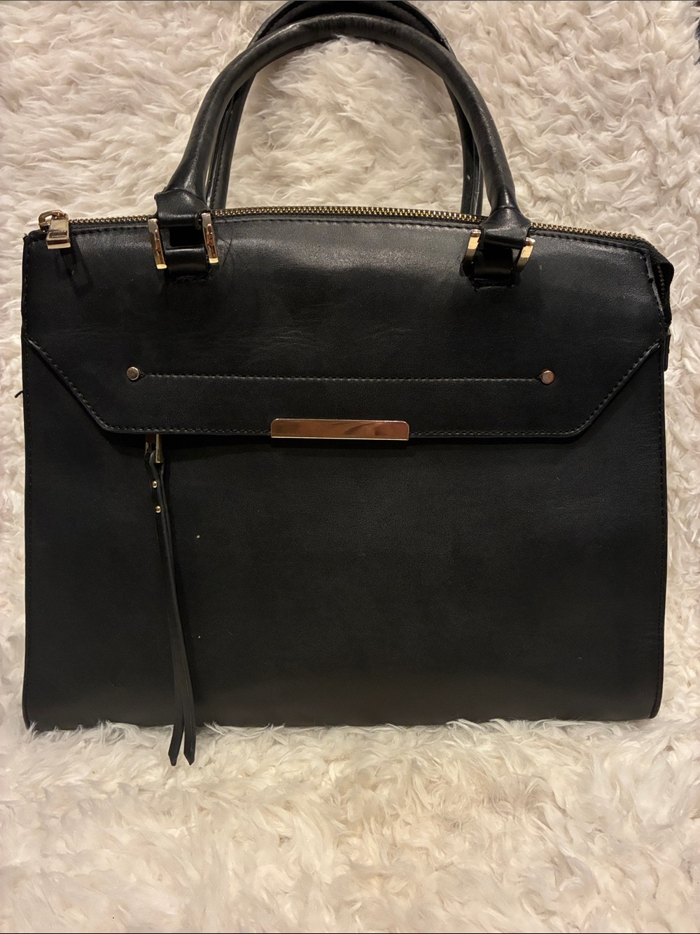 Classic Structured Black Tote Handbag - Gold Accents